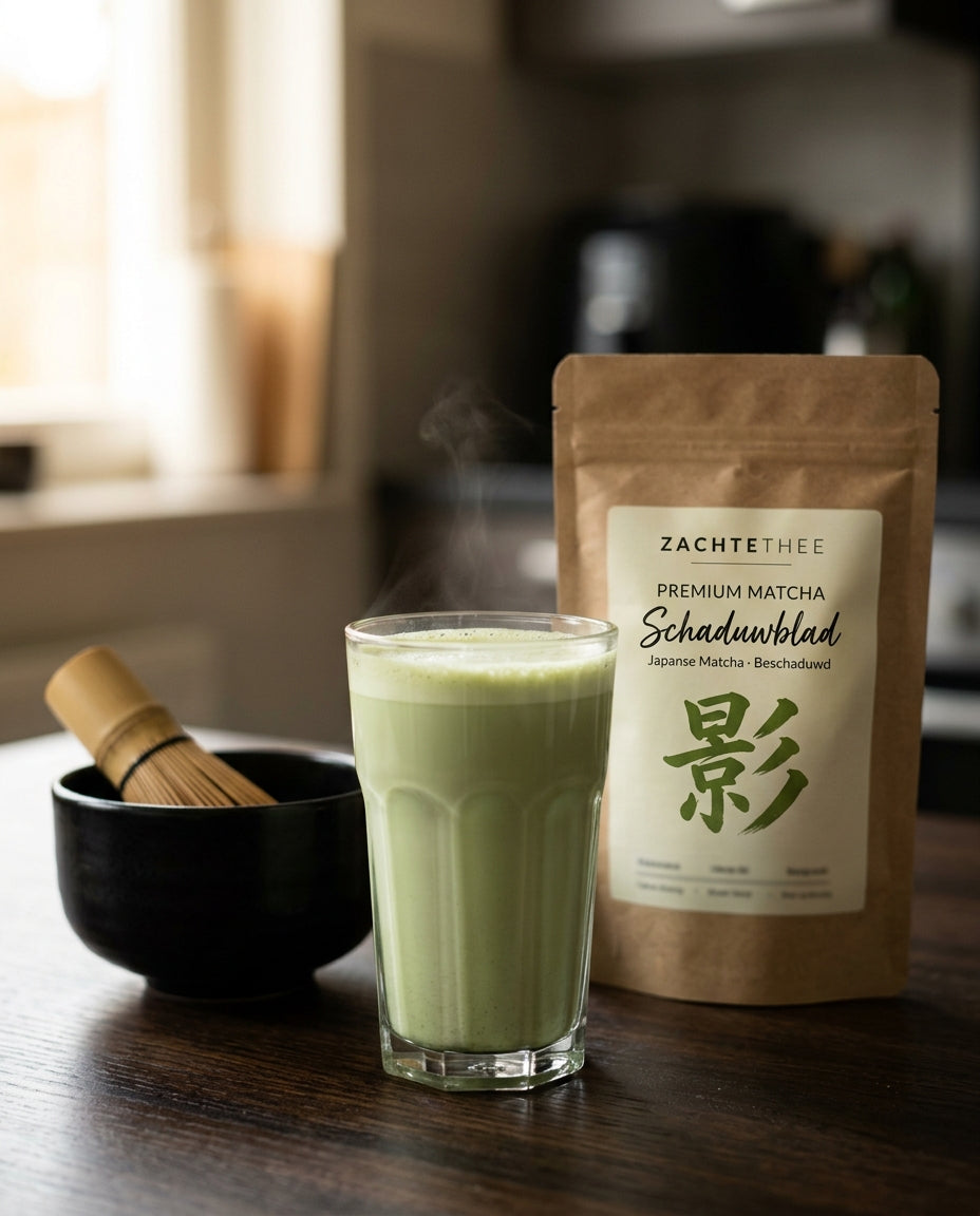 Schaduwblad matcha latte met Zachtethee zakje