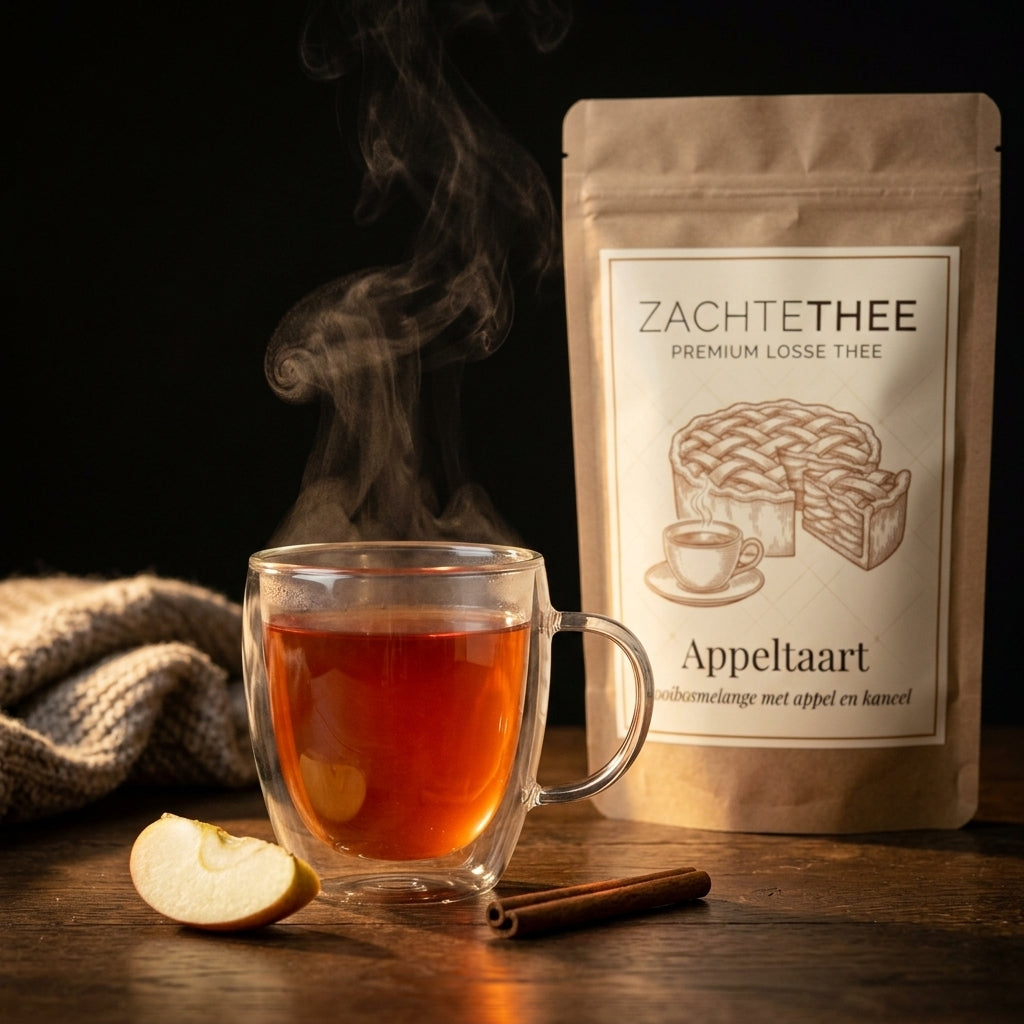 Warme kop Appeltaart rooibosthee met appel en kaneelstokje, naast de verpakking