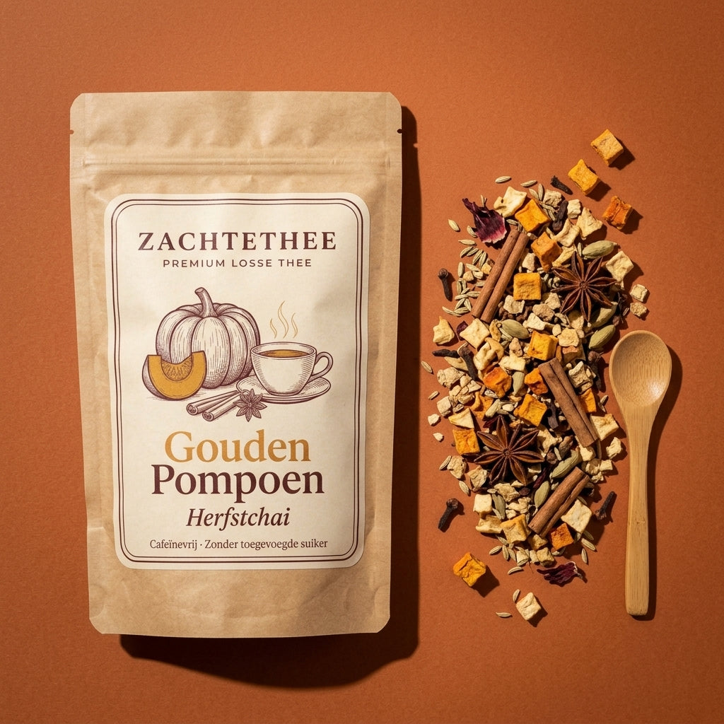 Gouden Pompoen verpakking van bovenaf met de losse melange: pompoen, appel, gember, kaneel, steranijs, kardemom
