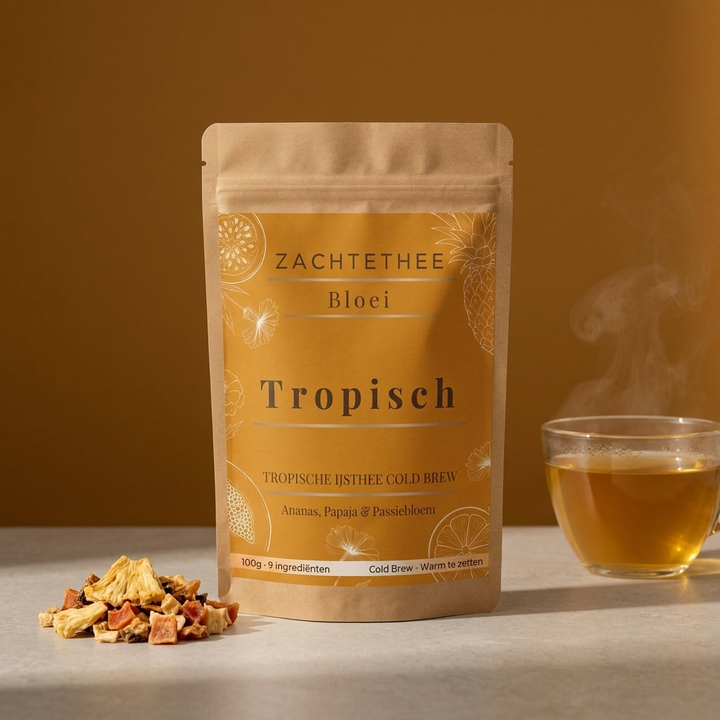 Bloei Tropisch losse thee in kraft doypack op amberkleurige achtergrond, met gedroogde ananas en papaja en een glas honinggouden thee