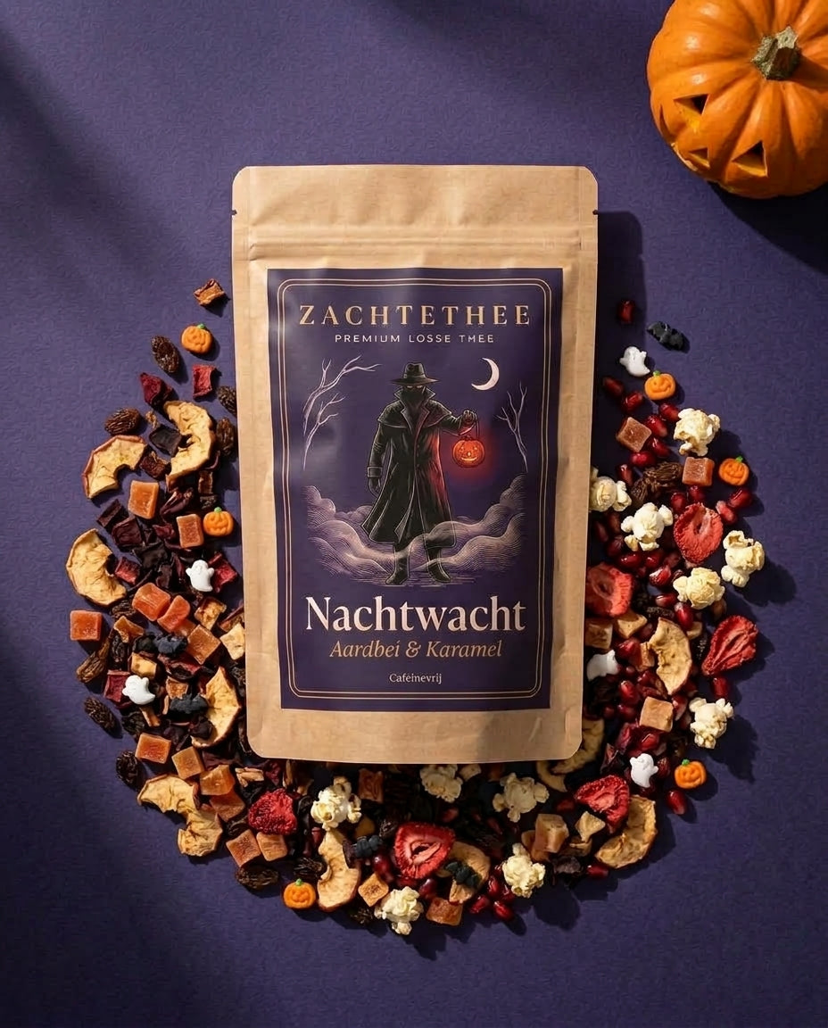Nachtwacht verpakking plat met de losse blend: appel, biet, papaja, popcorn, aardbei en snoepjes in pompoen-, spook- en vleermuisvorm