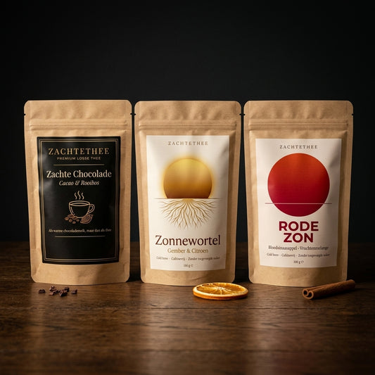 Winterpakket — Zachte Chocolade, Zonnewortel en Rode Zon, drie kraft verpakkingen op donker hout
