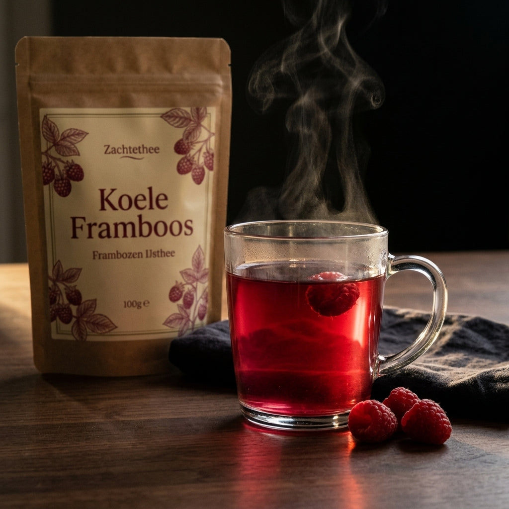 Koele Framboos warm gezet in een glazen mok met stoom en verse frambozen op een donkere houten tafel
