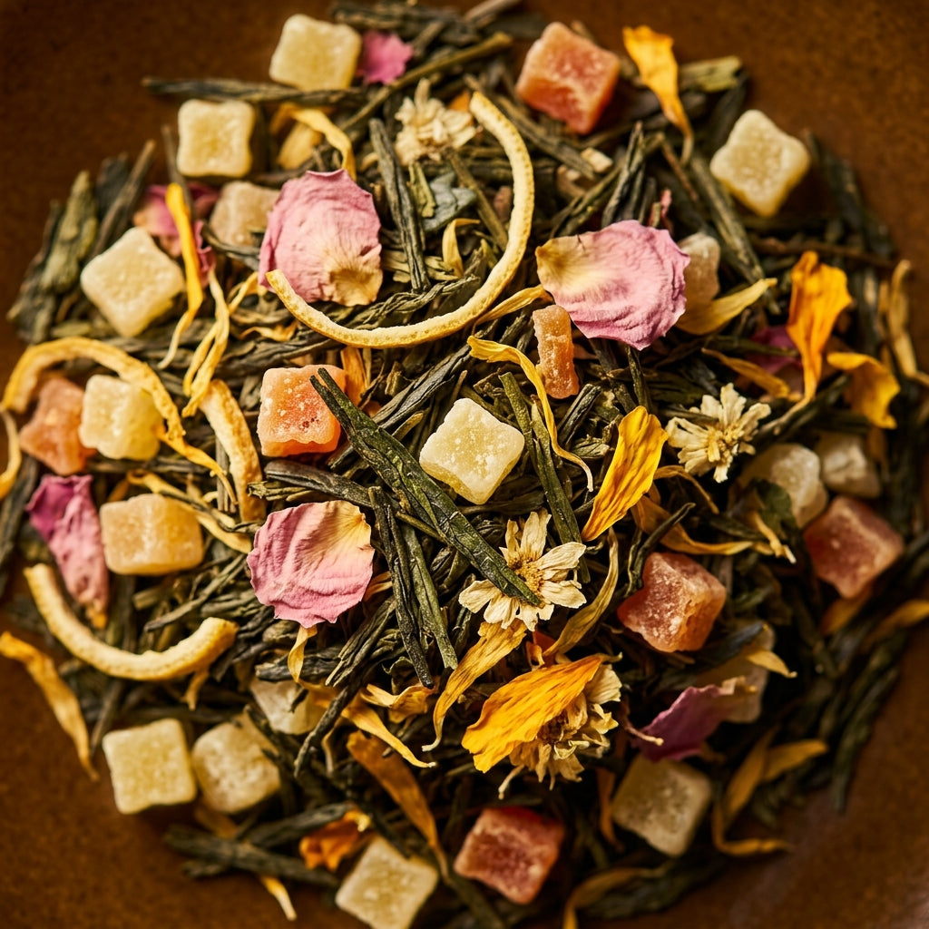 Macro van het droge Bloei Tropisch blend: Sencha, gekonfijte ananas, papaja, rozenblaadjes en goudsbloem