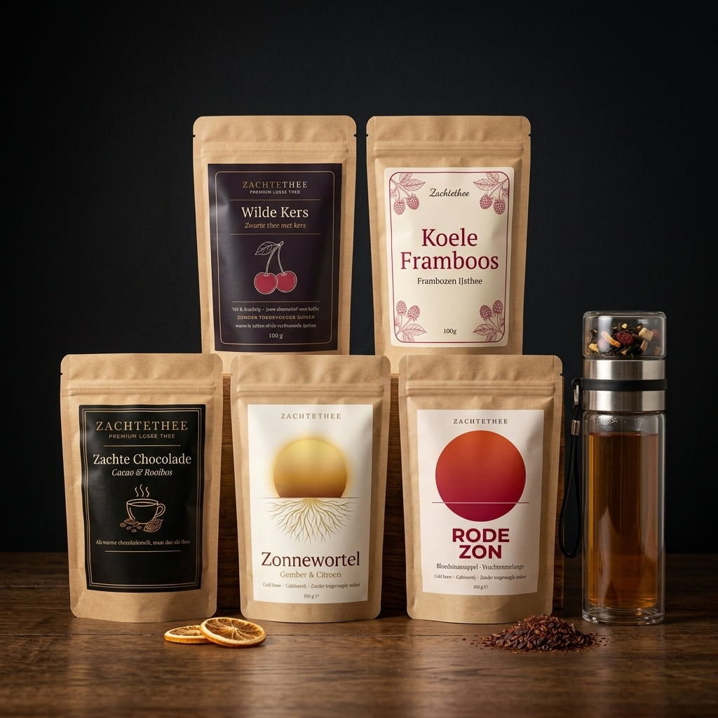 Voorraadpakket — Wilde Kers, Koele Framboos, Zachte Chocolade, Zonnewortel en Rode Zon met gratis Zachtethee theefles