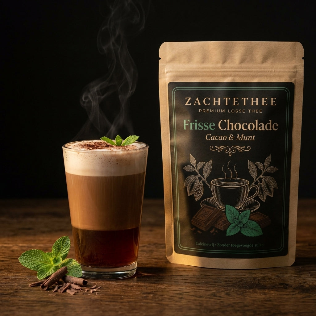 Frisse Chocolade als mint-chocolade-latte met opgeschuimde havermelk en cacao, naast de verpakking