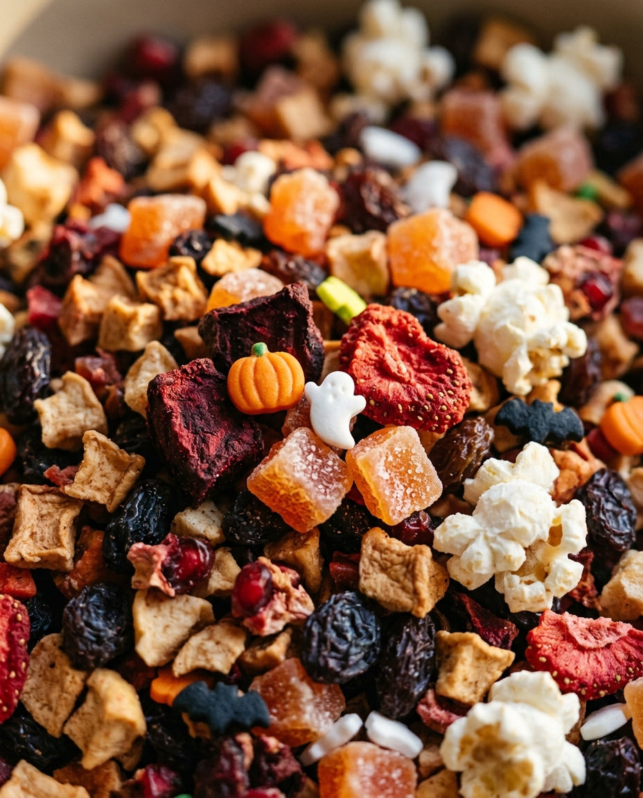Close-up van de droge Nachtwacht blend met popcorn en Halloween-snoepjes