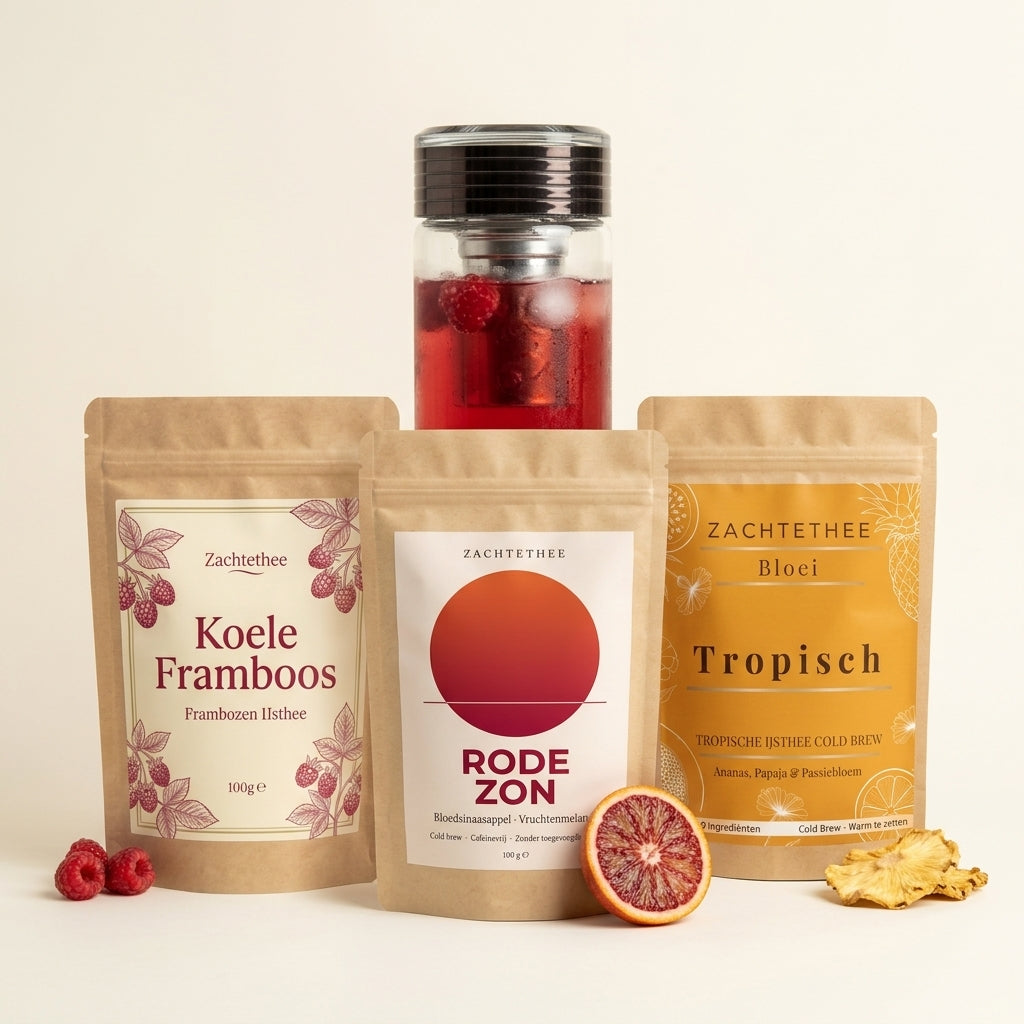 Cold Brew Set — Koele Framboos, Rode Zon en Bloei Tropisch met de Stoomdraak glazen theefles