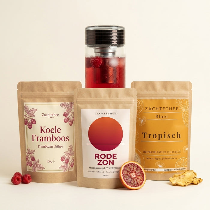 Cold Brew Set — Koele Framboos, Rode Zon, Bloei Tropisch & Theefles