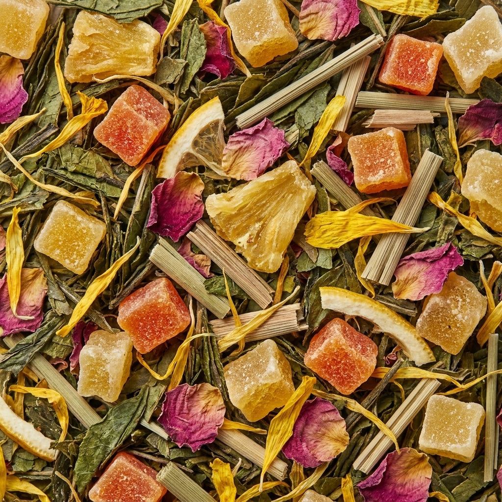 Ingredienten van Bloei Tropisch: Sencha, ananas, papaja, rozenblaadjes