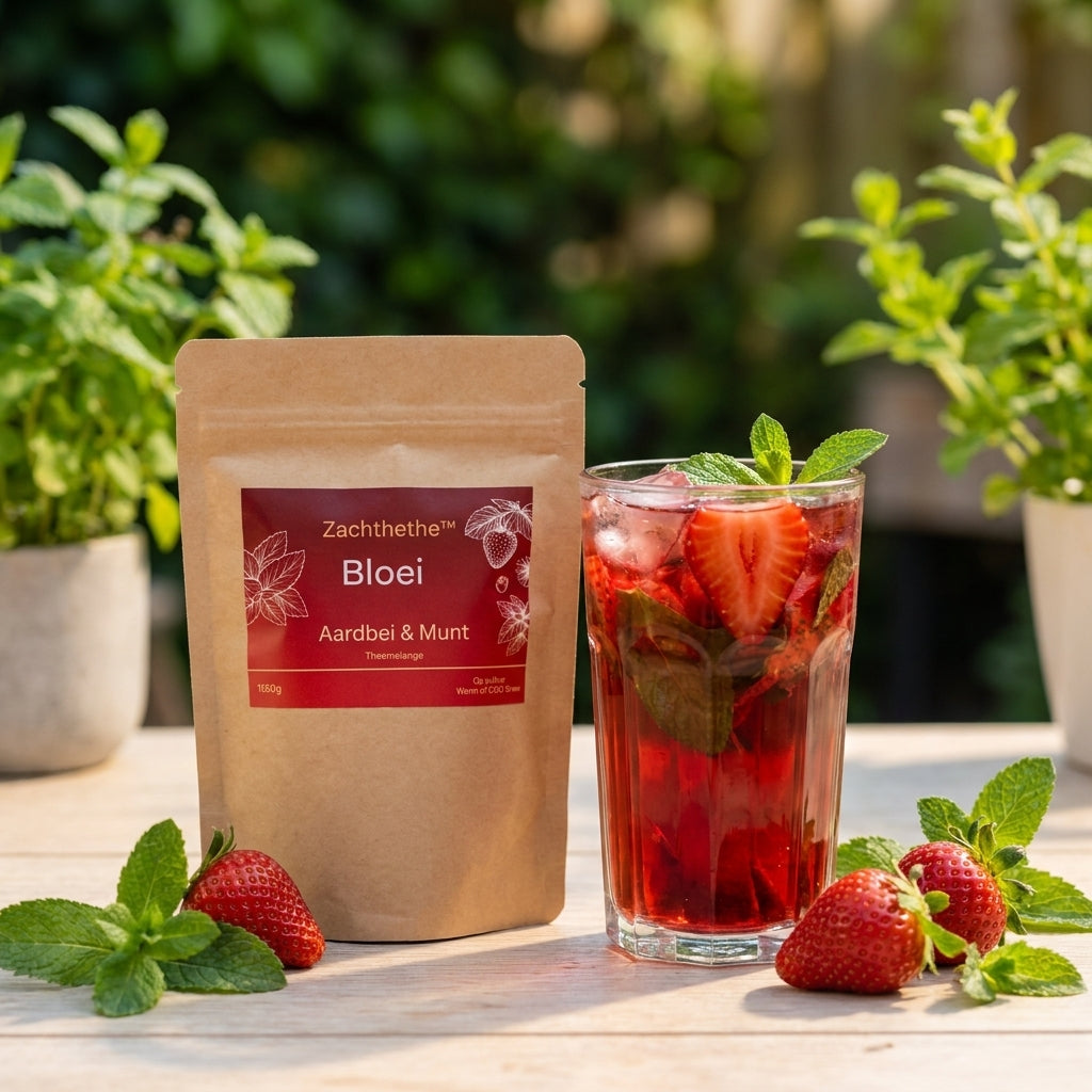 Bloei doypack met glas aardbei-munt ijsthee in de tuin
