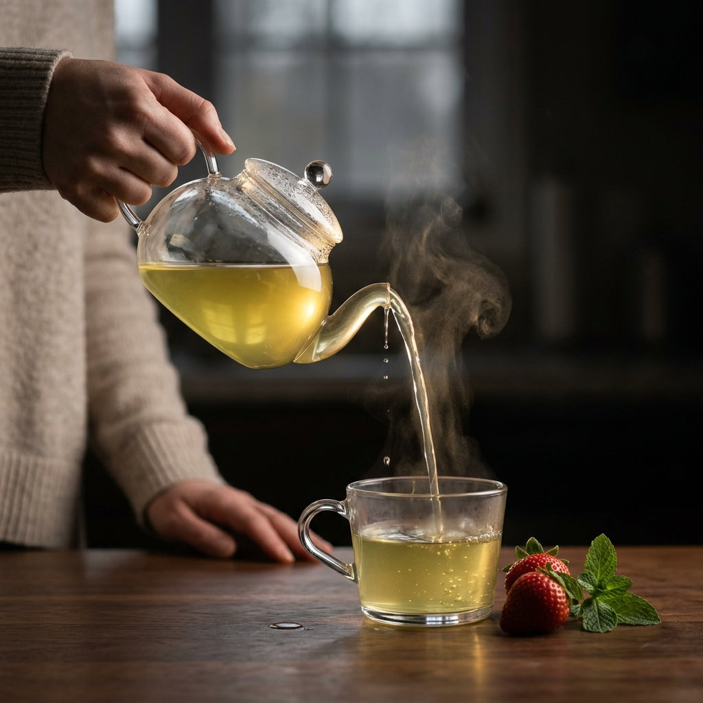 Lichtgroene Bloei thee wordt uit een glazen theepot in een glas geschonken, met stoom