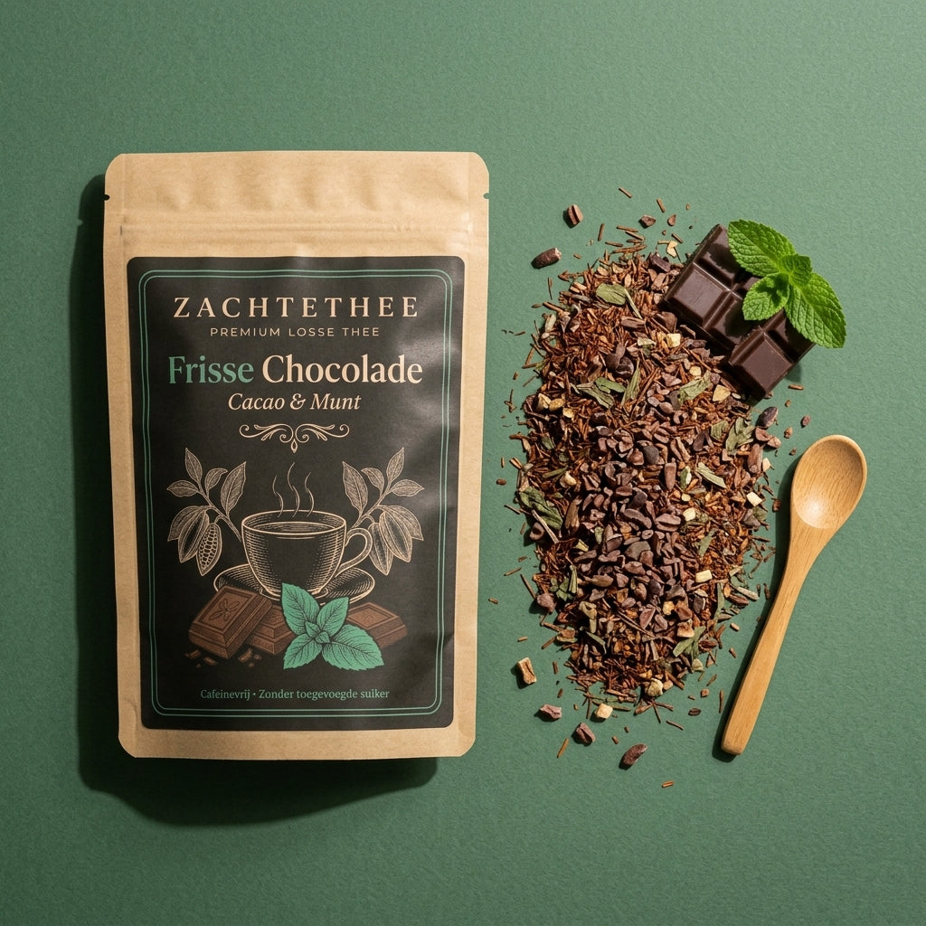 Frisse Chocolade verpakking van bovenaf met de losse melange: rooibos, honeybush, cacaonibs, spearmint en pepermunt