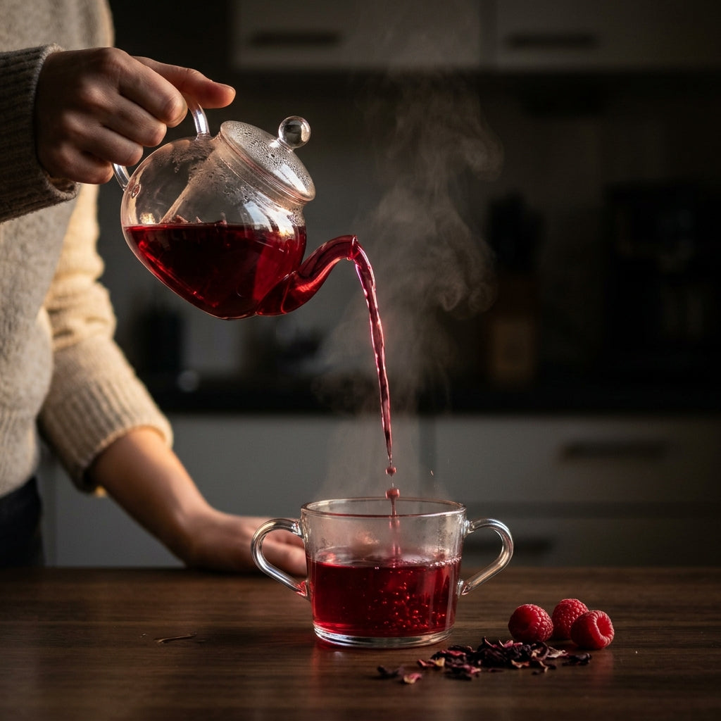Robijnrode Koele Framboos thee wordt uit een glazen theepot in een glas geschonken, met stoom