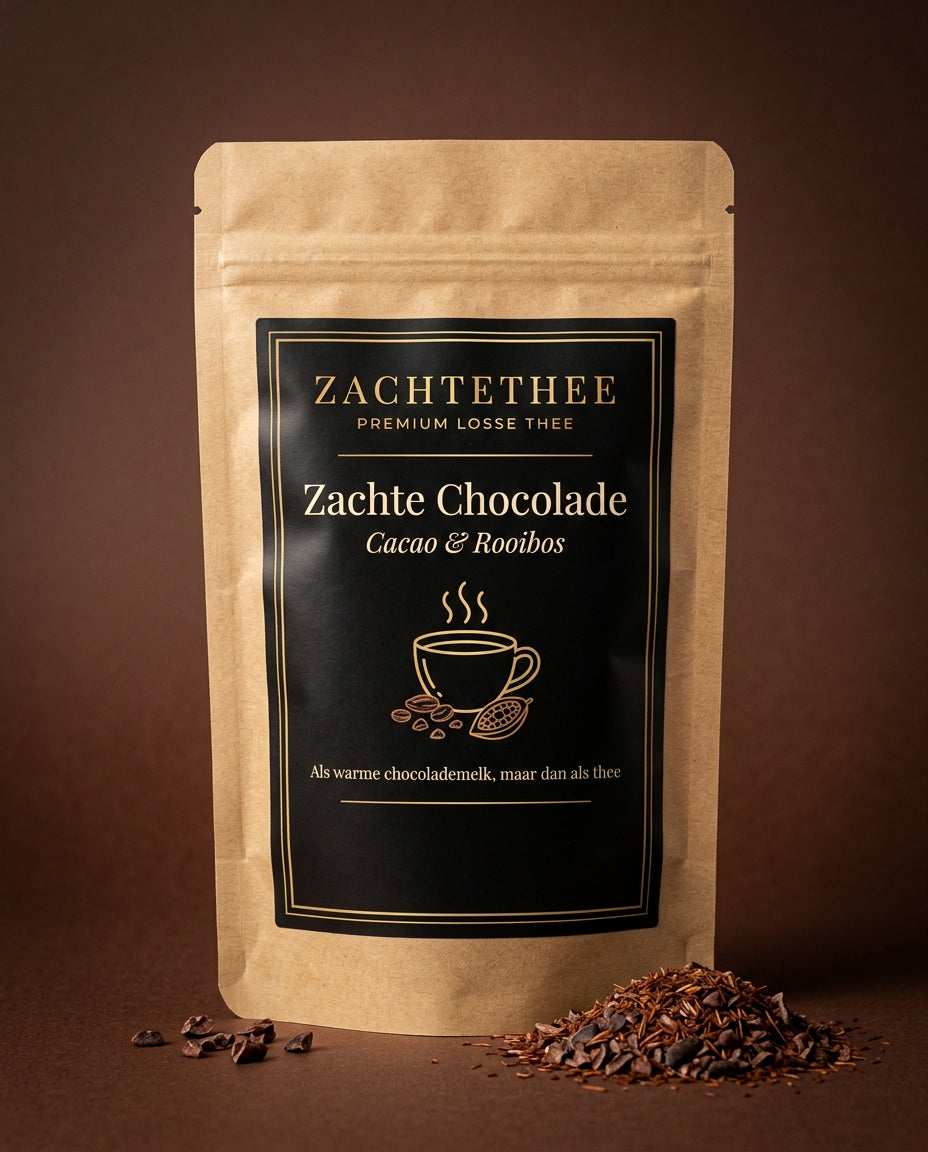 Zachtethee Zachte Chocolade losse thee, kraft verpakking met zwart label op cacaobruine achtergrond
