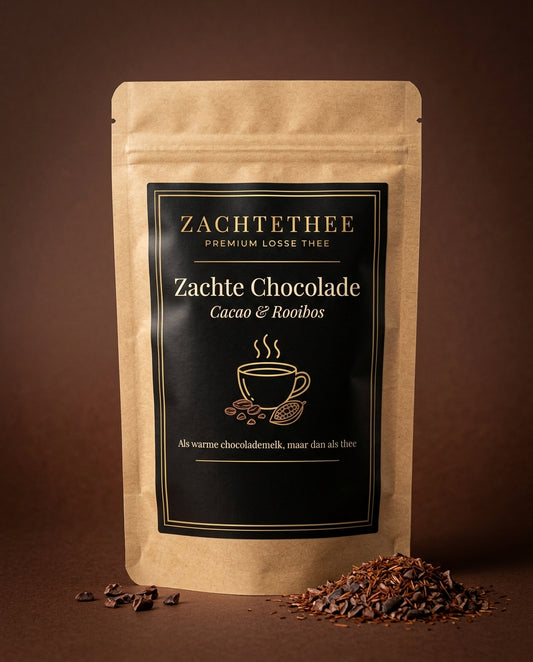 Zachtethee Zachte Chocolade losse thee, kraft verpakking met zwart label op cacaobruine achtergrond