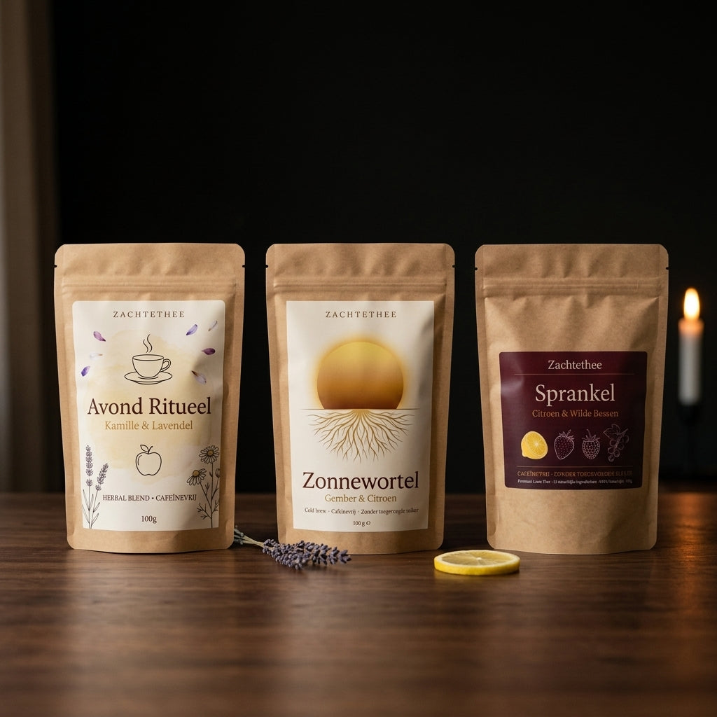 Avondpakket — Avond Ritueel, Zonnewortel en Sprankel, drie cafeïnevrije zakjes losse thee van 100 g