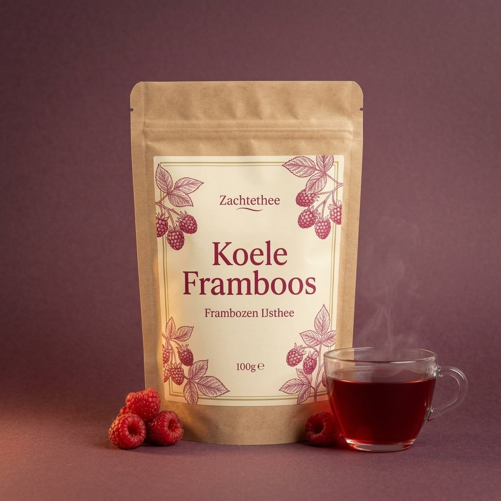 Koele Framboos losse thee in kraft doypack op pruimkleurige achtergrond met verse frambozen en een glas gezette thee