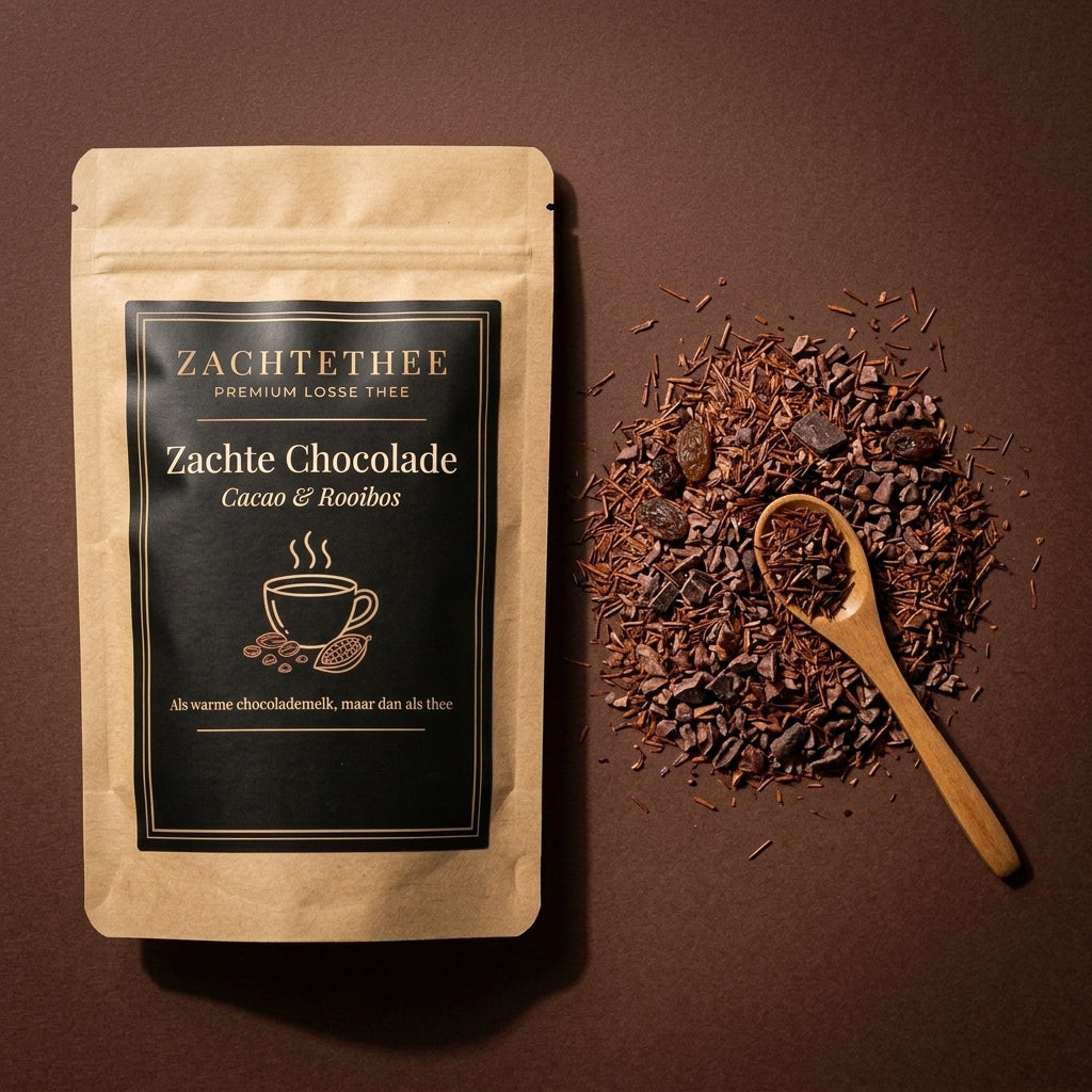 Zachte Chocolade verpakking van bovenaf met de losse melange en een houten lepel