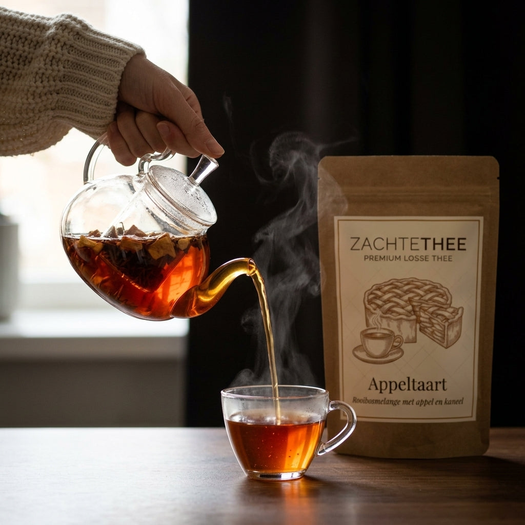Appeltaart thee wordt uit een glazen theepot in een kop geschonken