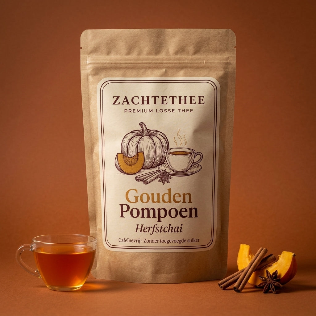 Gouden Pompoen losse thee van Zachtethee — herfstchai met pompoen, appel en kruiden, cafeïnevrij, kraft verpakking met pompoenpartje en kop thee