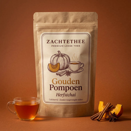 Gouden Pompoen losse thee van Zachtethee — herfstchai met pompoen, appel en kruiden, cafeïnevrij, kraft verpakking met pompoenpartje en kop thee