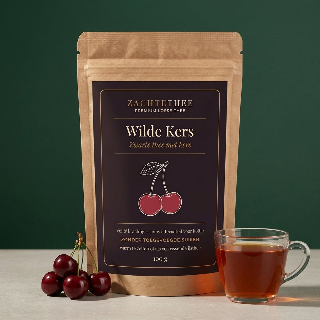 Wilde Kers losse thee in kraft doypack op dennengroene achtergrond, met verse kersen en een glas amberkleurige gezette thee