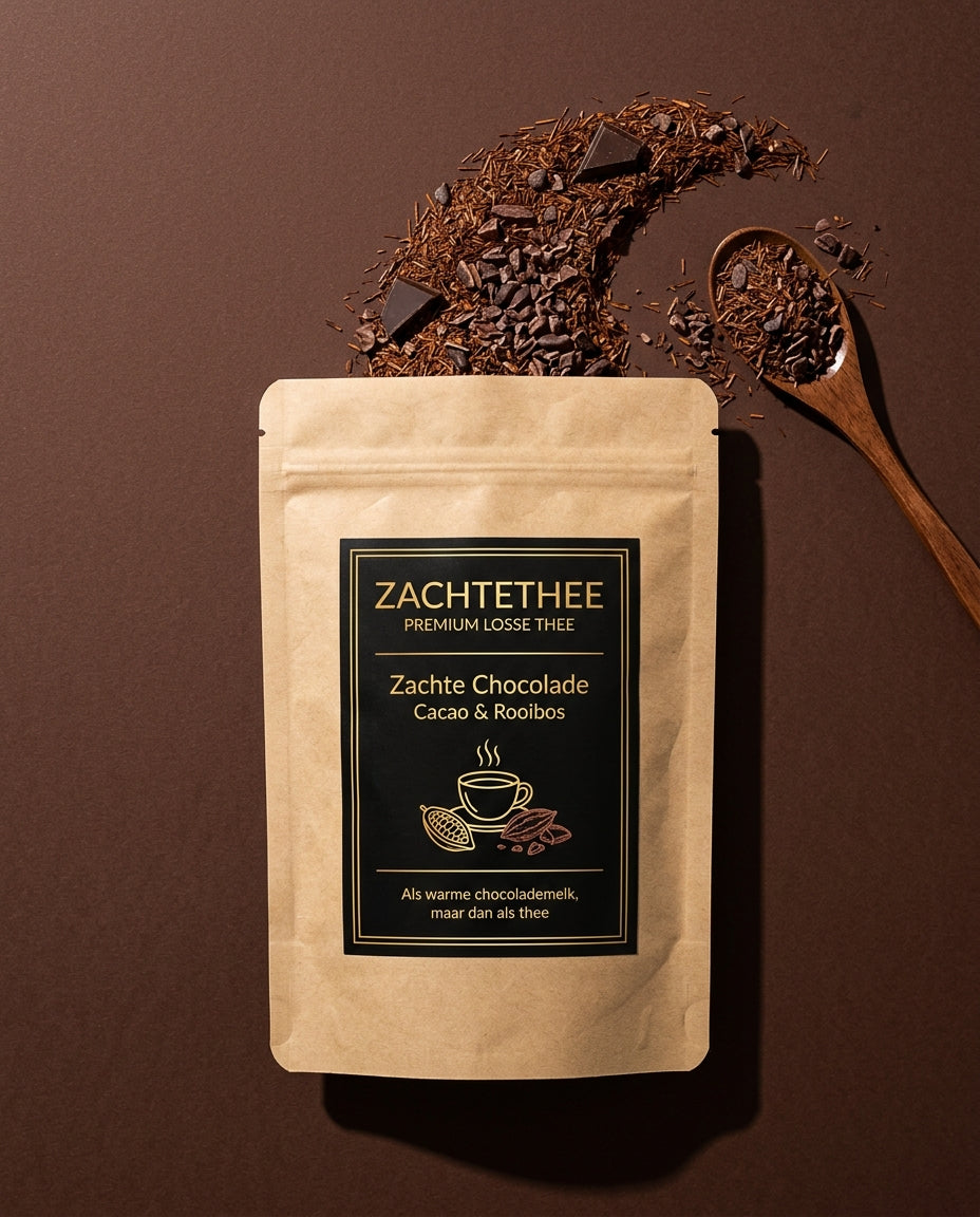 Zachte Chocolade verpakking van bovenaf met de losse melange en een houten lepel