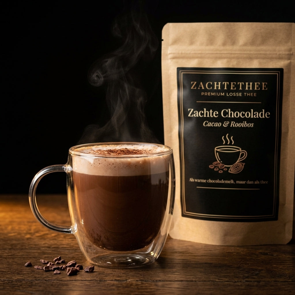 Zachte Chocolade geserveerd als warme chocolade-latte met opgeschuimde melk en cacao, naast de verpakking