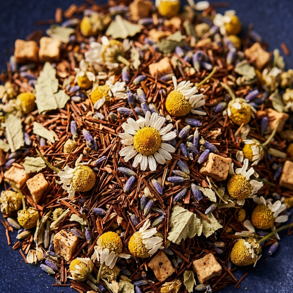 Macro van het droge Avond Ritueel blend: rooibos, kamillebloemen, lavendelknopjes, citroenmelisse en appelblokjes