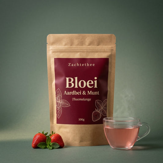 Bloei losse thee met aardbei en munt in kraft doypack op saliegroene achtergrond met verse aardbeien, munt en een glas gezette thee